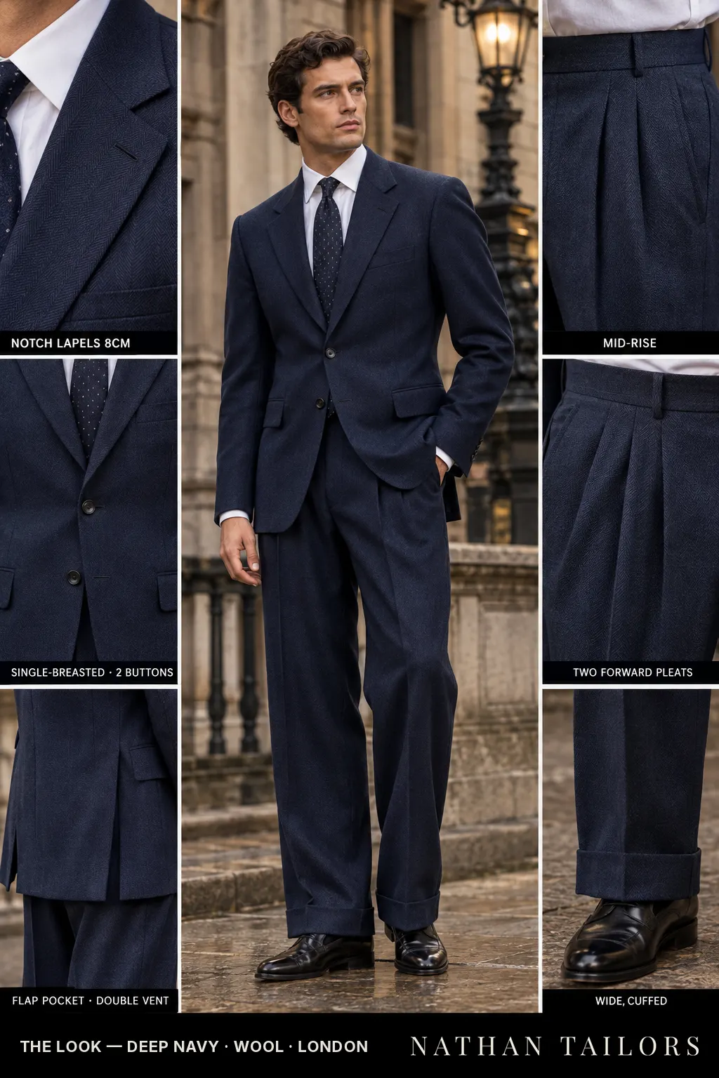 deep navy herringbone single-breasted bespoke suit — custom tailored by Nathan Tailors, the Hoi An custom tailor