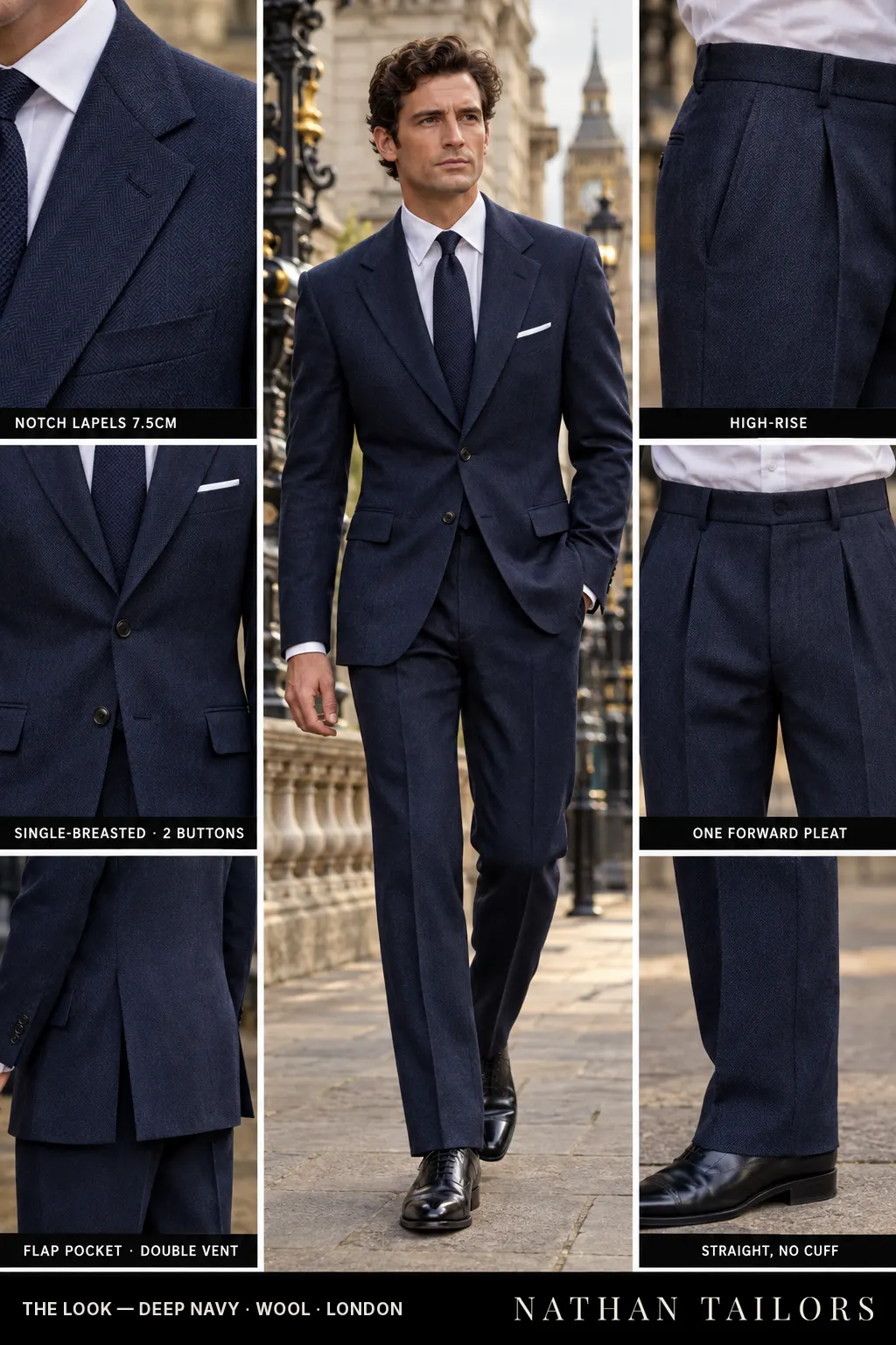 deep navy herringbone single-breasted notch-lapel bespoke suit — AI-rendered by Nathan Tailors, the Hoi An custom tailor. Available as a custom tailored suit from $149.