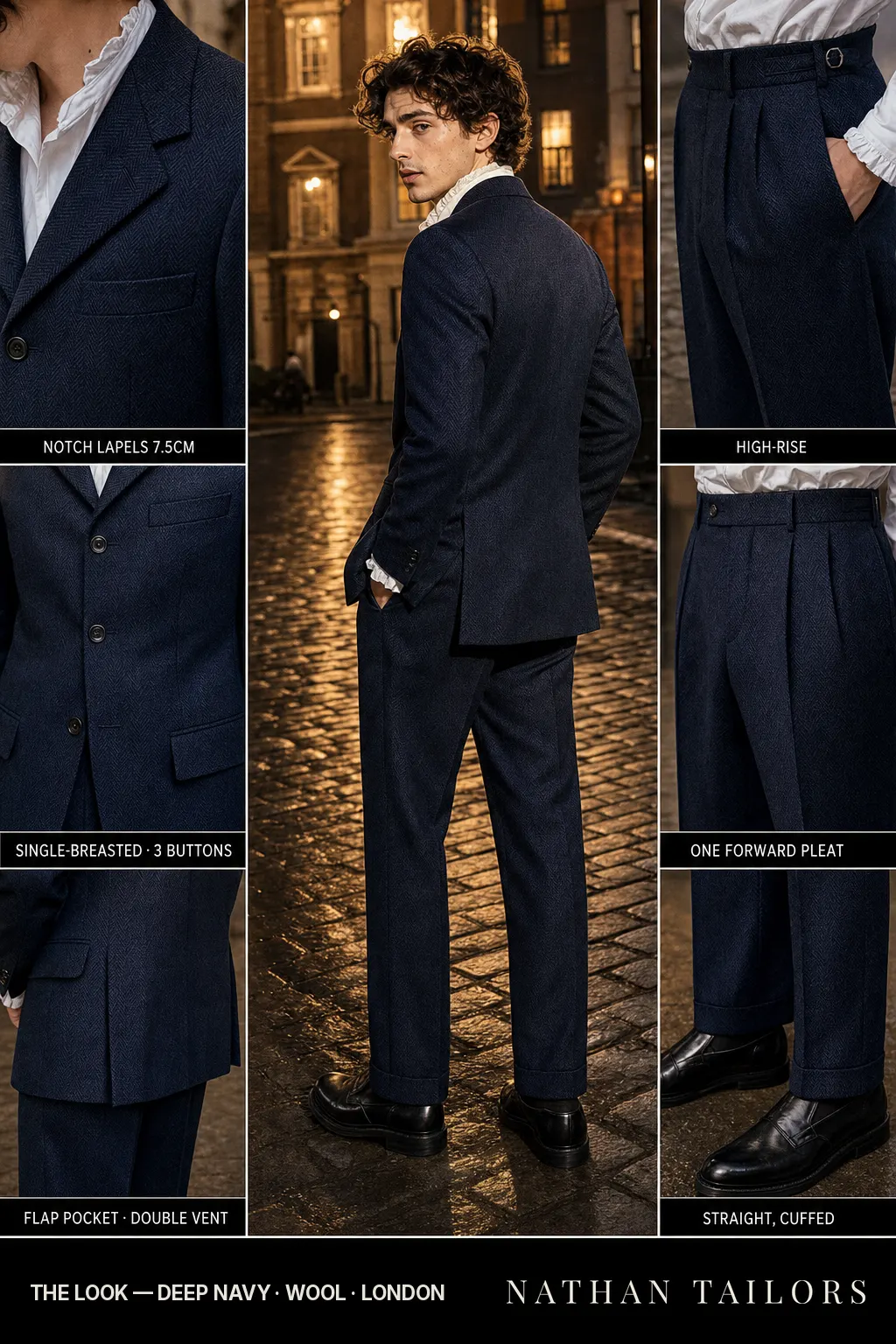deep navy herringbone single-breasted notch-lapel bespoke suit — AI-rendered by Nathan Tailors, the Hoi An custom tailor. Available as a custom tailored suit from $149.