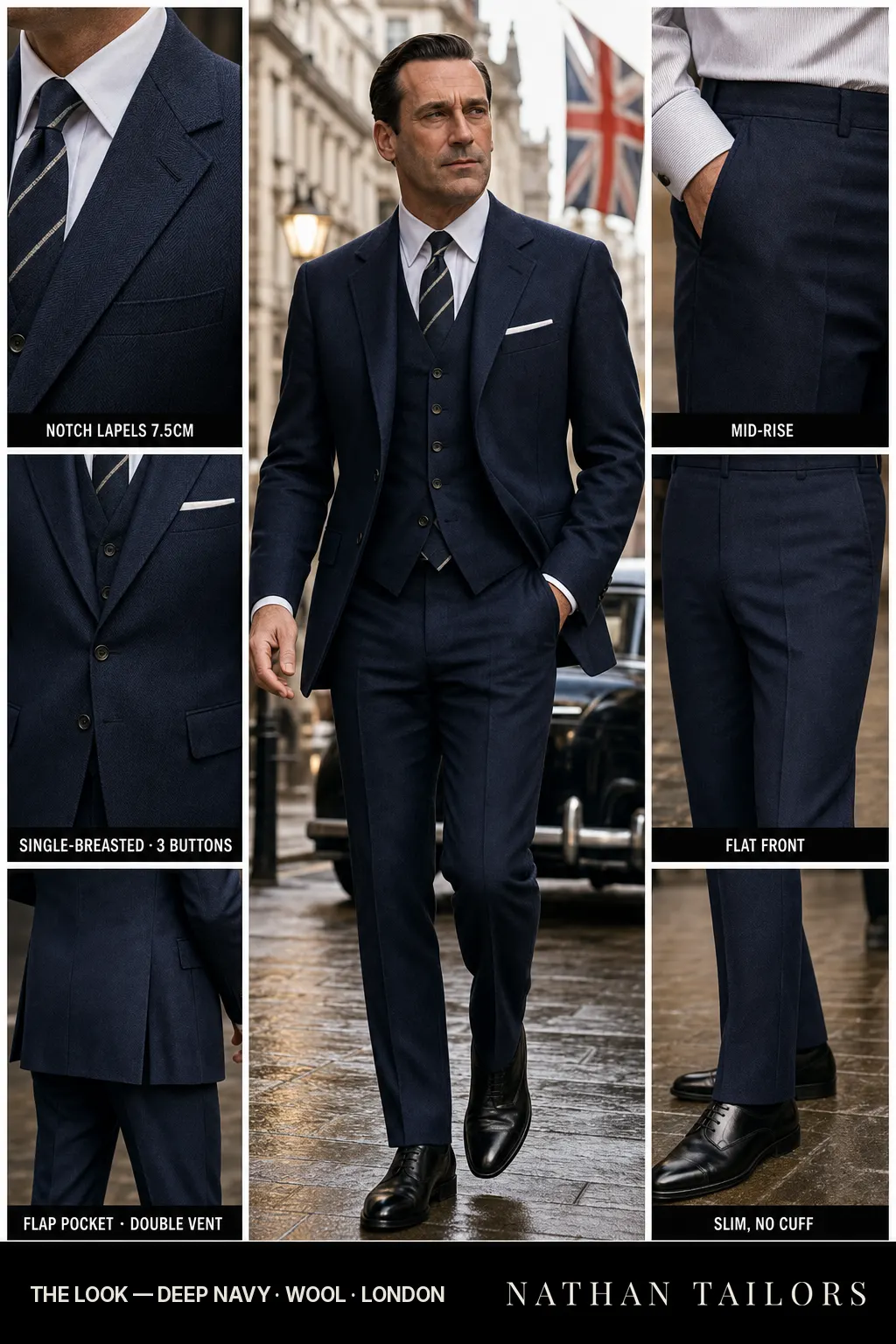 deep navy herringbone single-breasted notch-lapel bespoke suit — AI-rendered by Nathan Tailors, the Hoi An custom tailor. Available as a custom tailored suit from $149.