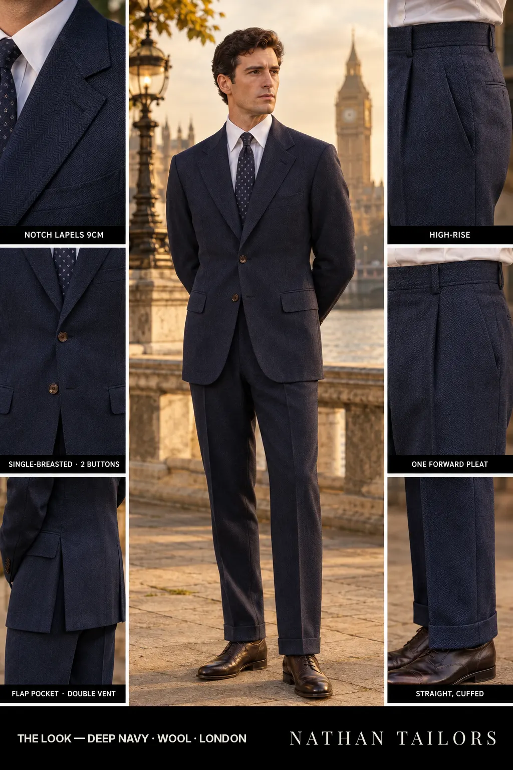 deep navy herringbone single-breasted bespoke suit โ custom tailored by Nathan Tailors, the Hoi An custom tailor