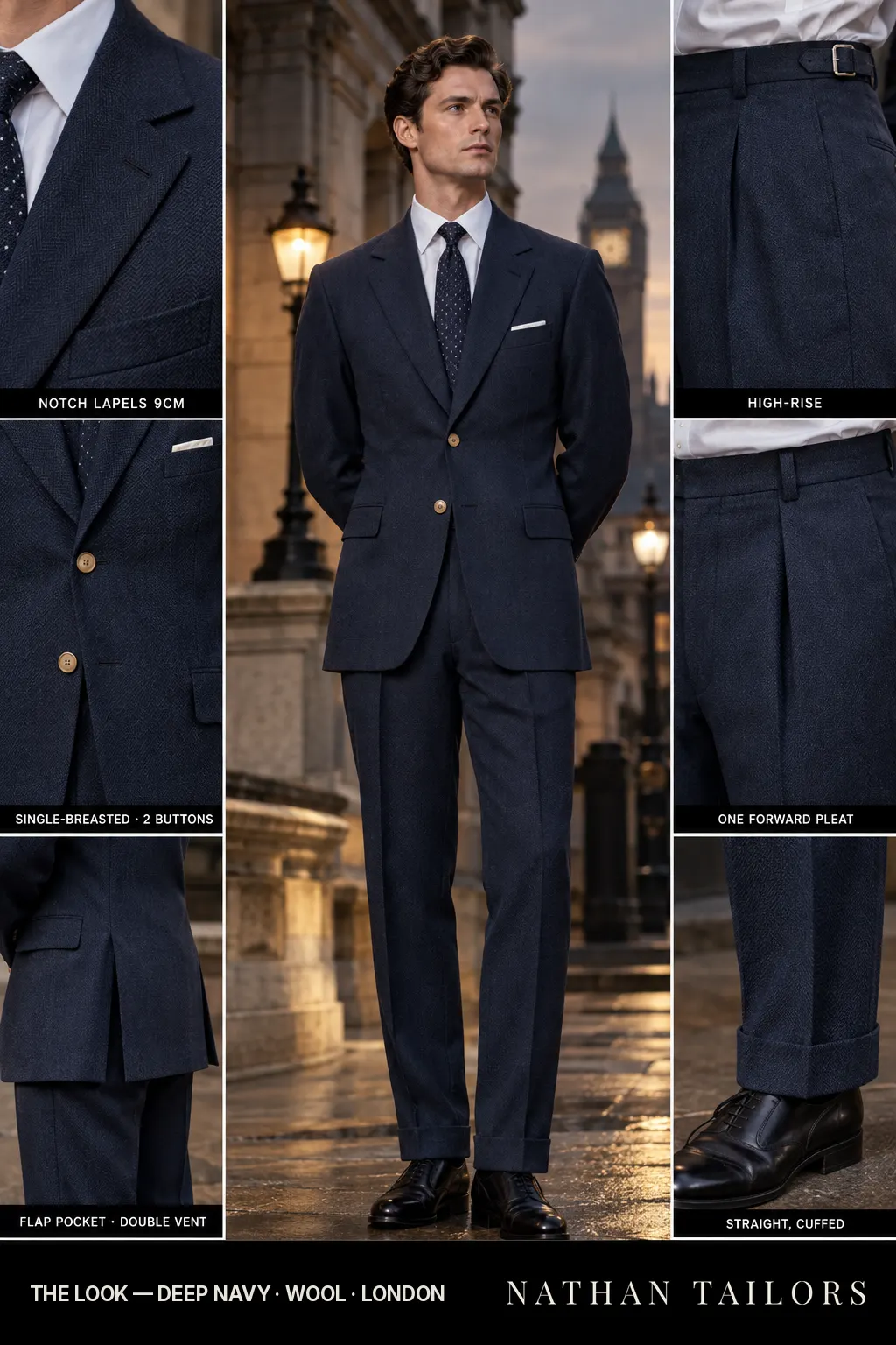 deep navy herringbone single-breasted bespoke suit โ custom tailored by Nathan Tailors, the Hoi An custom tailor
