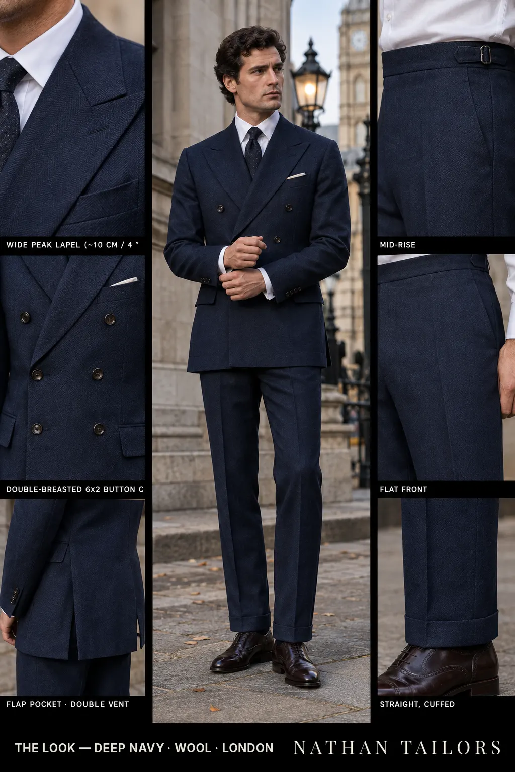 deep navy herringbone single-breasted bespoke suit — custom tailored by Nathan Tailors, the Hoi An custom tailor