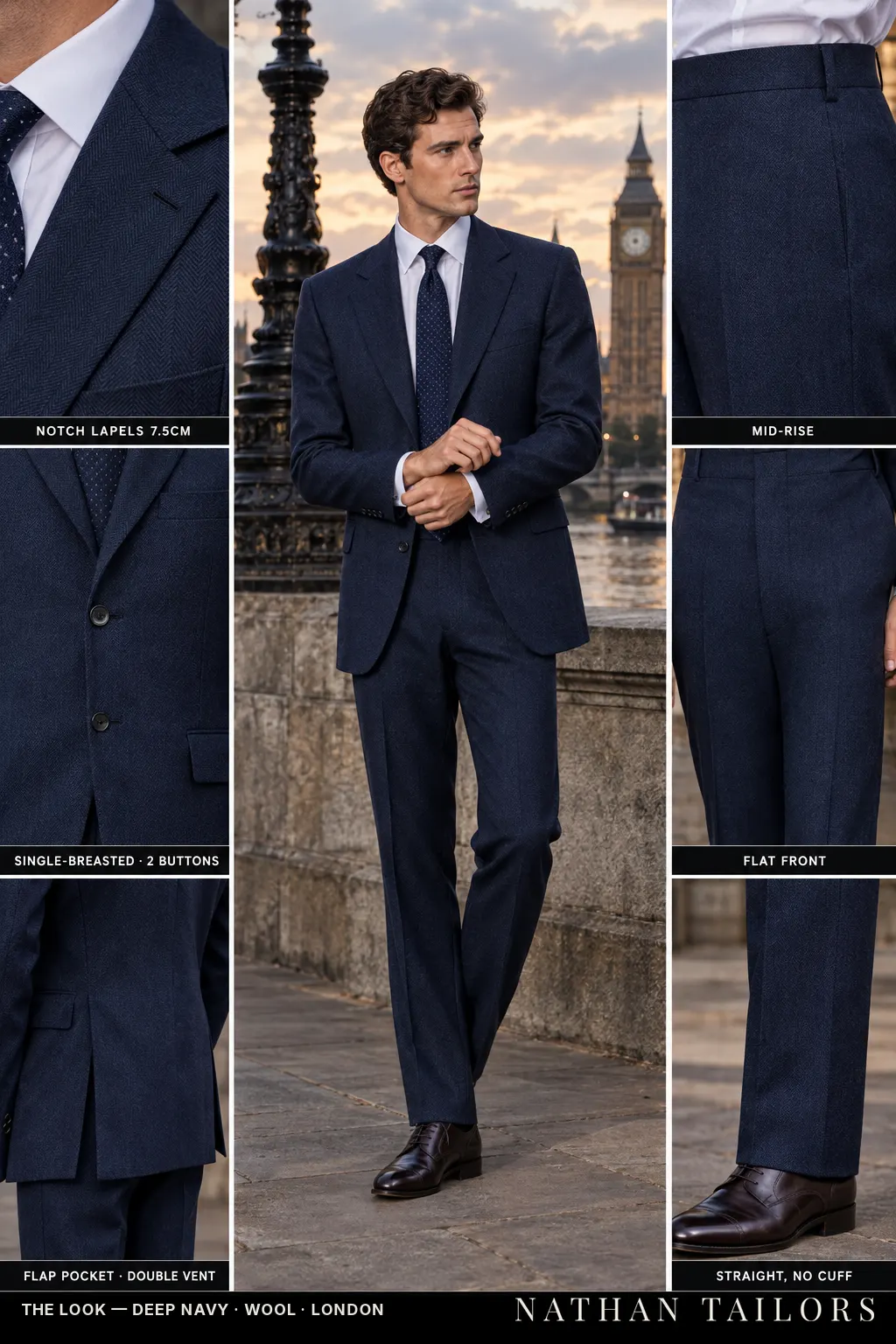 deep navy herringbone single-breasted bespoke suit — custom tailored by Nathan Tailors, the Hoi An custom tailor