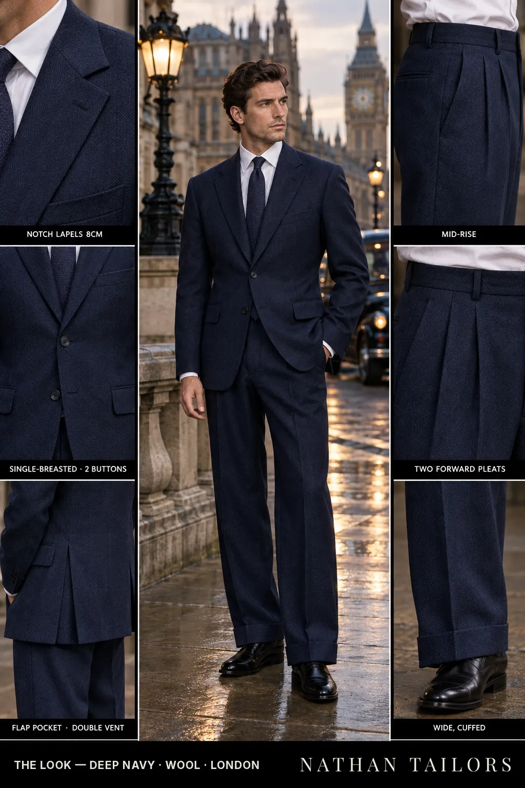 deep navy herringbone single-breasted bespoke suit — custom tailored by Nathan Tailors, the Hoi An custom tailor