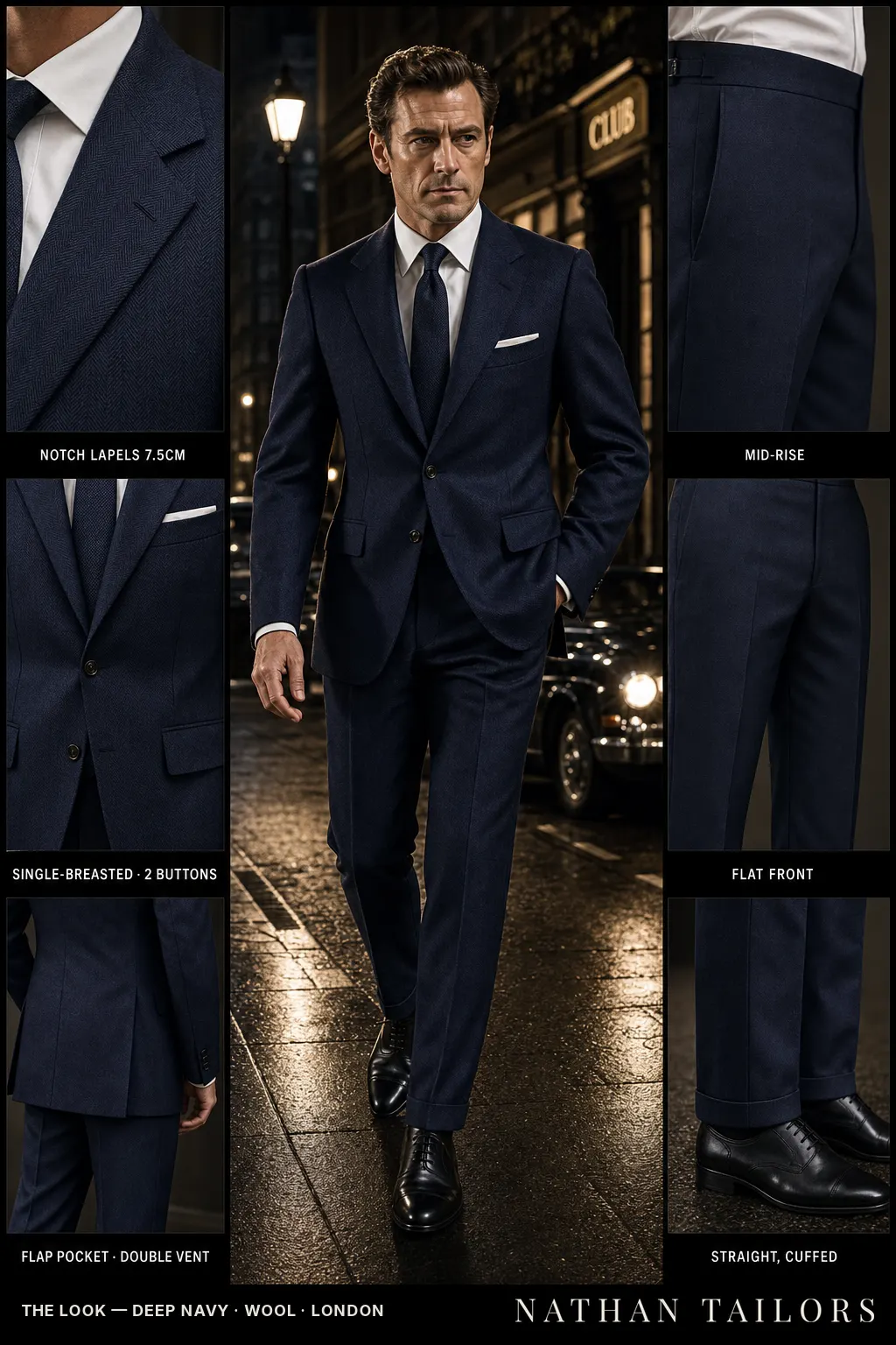 deep navy herringbone single-breasted notch-lapel bespoke suit โ AI-rendered by Nathan Tailors, the Hoi An custom tailor. Available as a custom tailored suit from $149.
