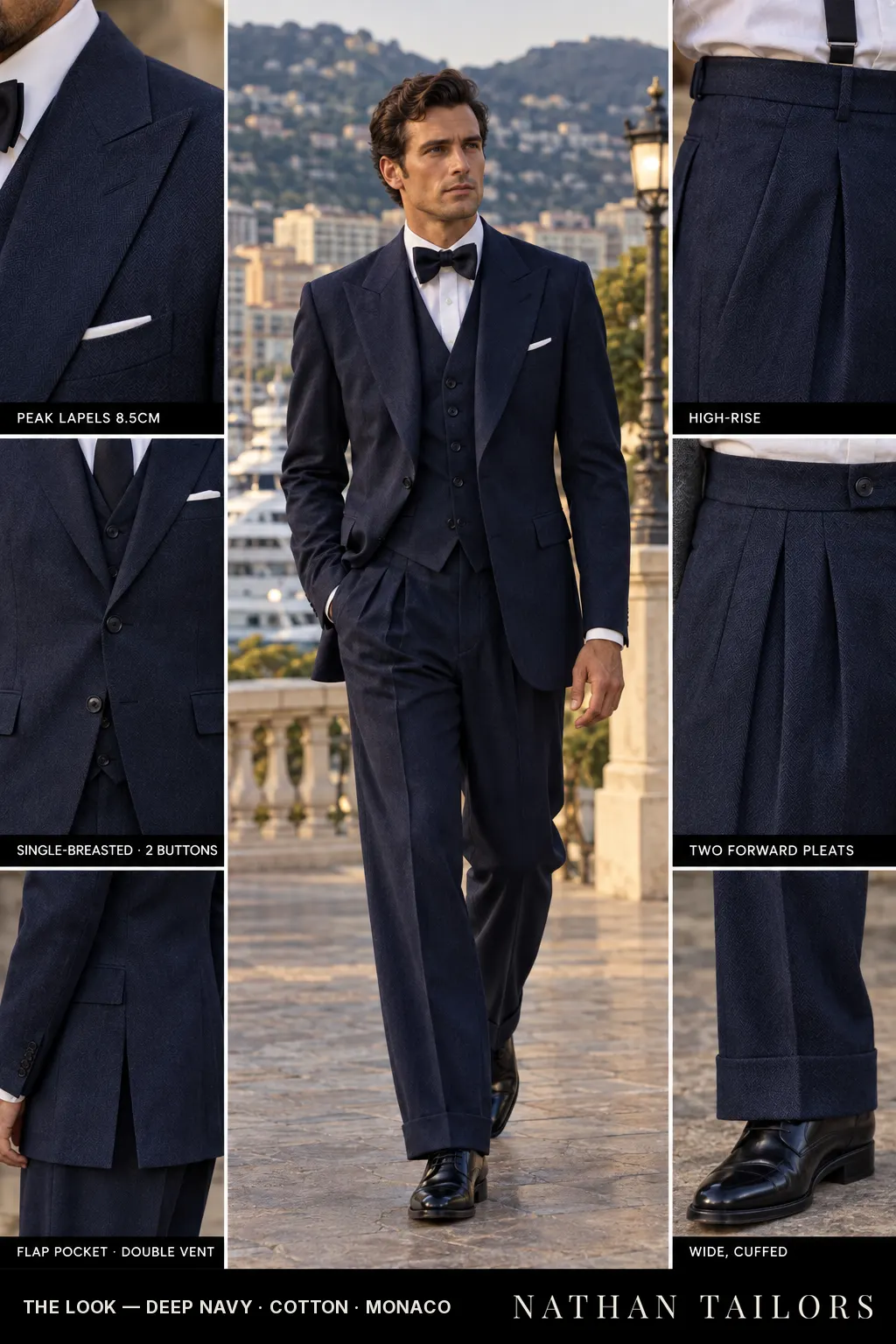 deep navy herringbone single-breasted bespoke suit โ custom tailored by Nathan Tailors, the Hoi An custom tailor