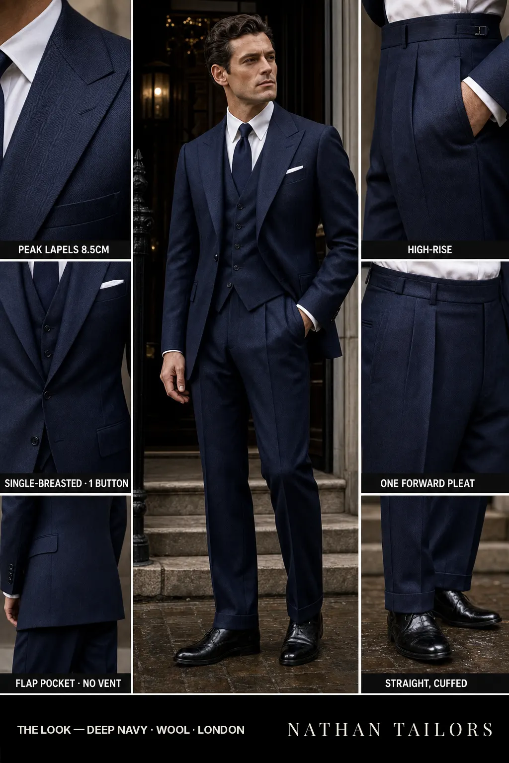 deep navy herringbone single-breasted bespoke suit — custom tailored by Nathan Tailors, the Hoi An custom tailor