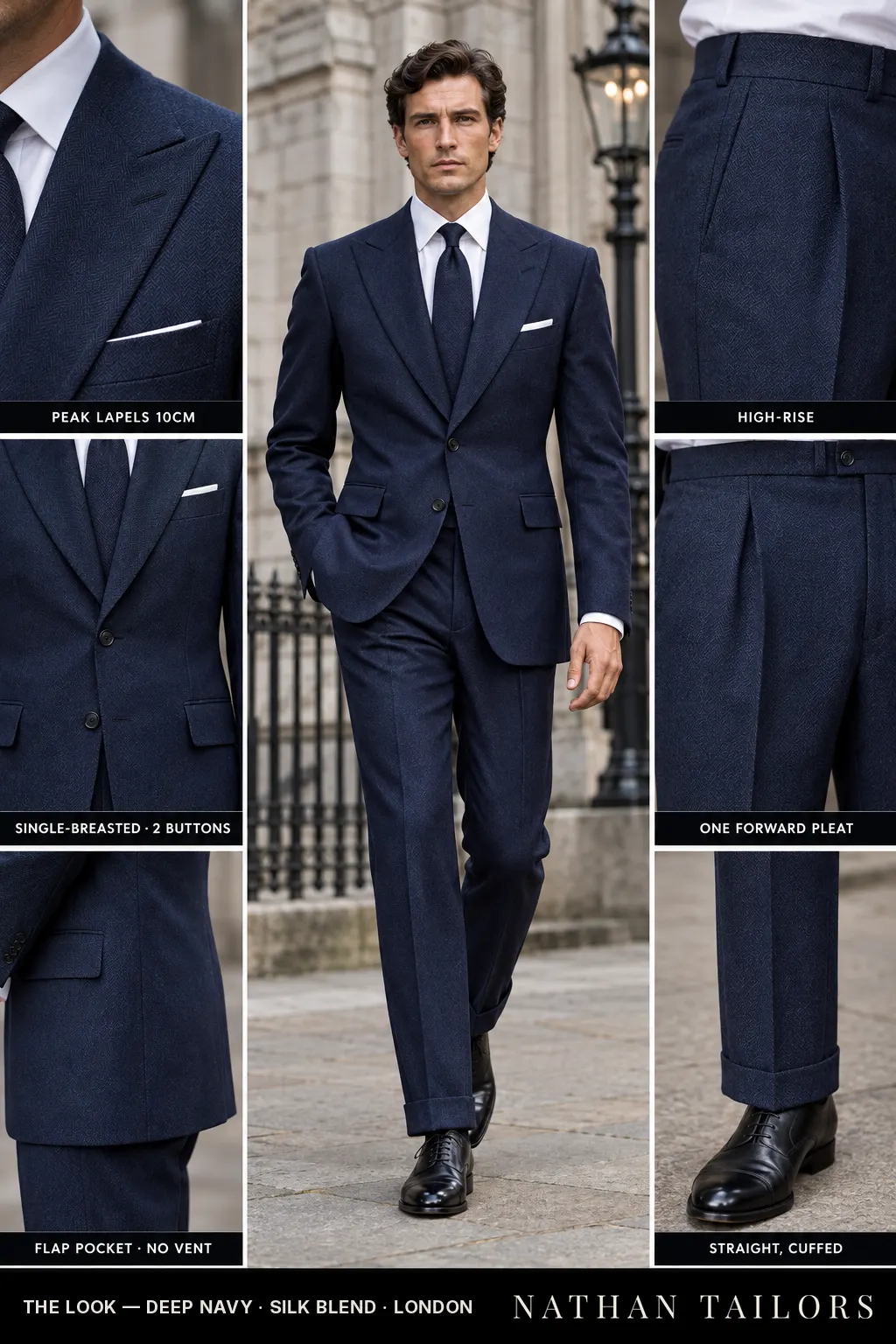 deep navy herringbone single-breasted bespoke suit โ custom tailored by Nathan Tailors, the Hoi An custom tailor