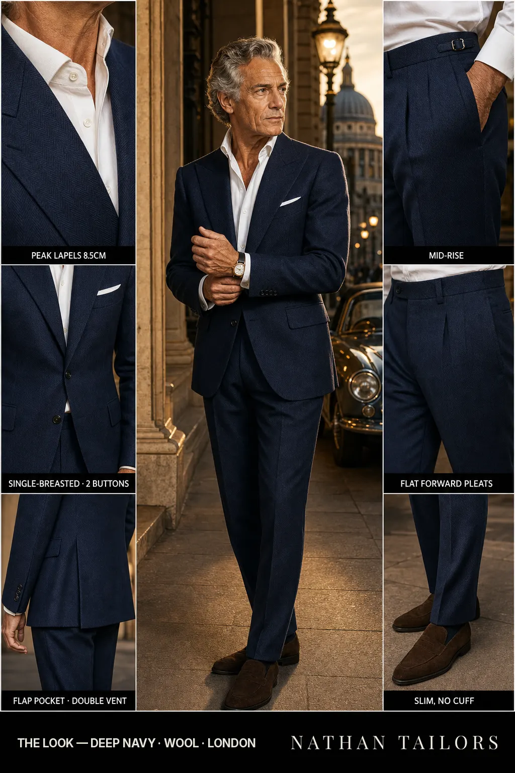 deep navy herringbone single-breasted peak-lapel bespoke suit — AI-rendered by Nathan Tailors, the Hoi An custom tailor. Available as a custom tailored suit from $149.