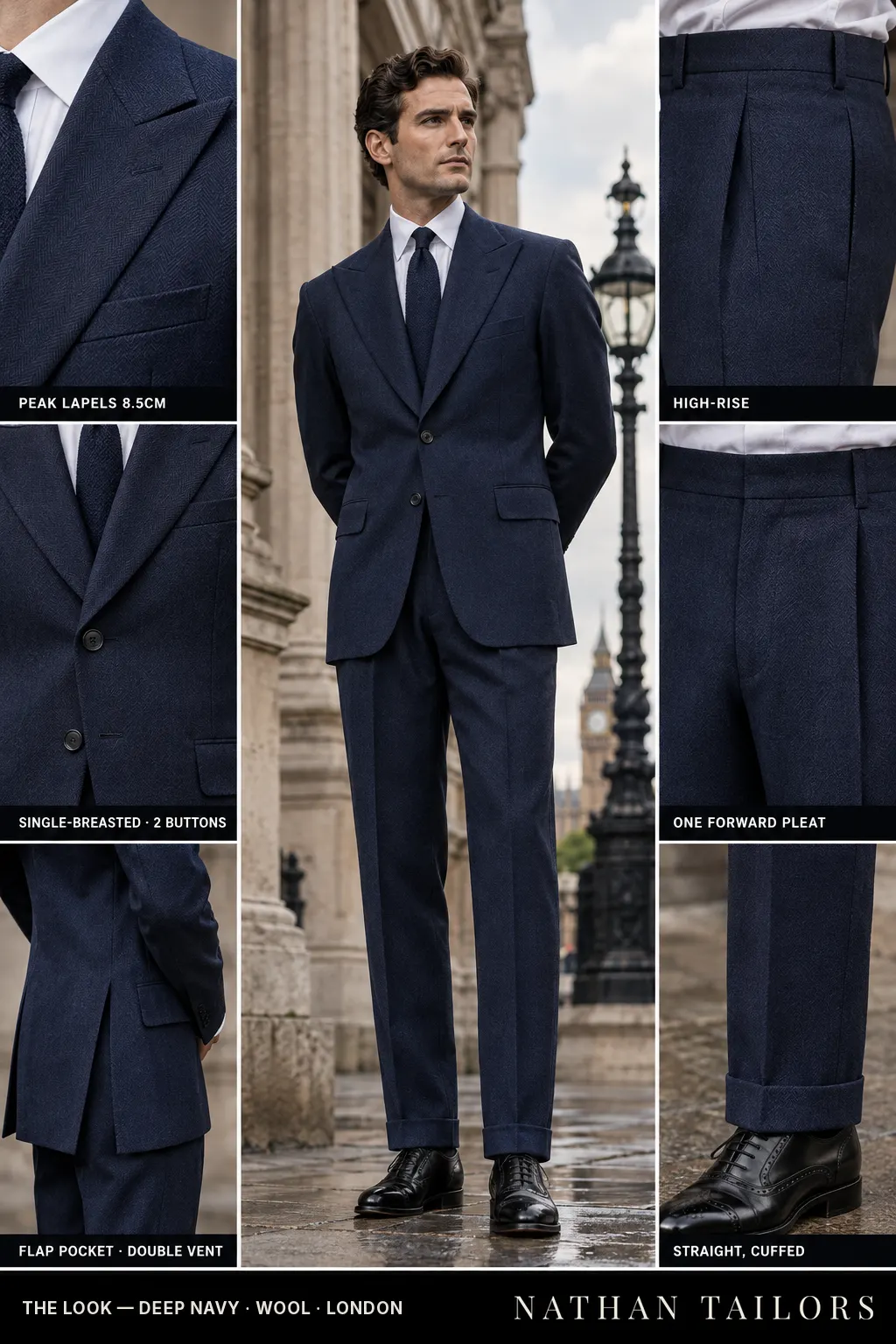deep navy herringbone single-breasted bespoke suit โ custom tailored by Nathan Tailors, the Hoi An custom tailor