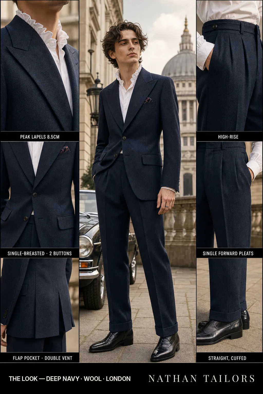 deep navy herringbone single-breasted peak-lapel bespoke suit — AI-rendered by Nathan Tailors, the Hoi An custom tailor. Available as a custom tailored suit from $149.