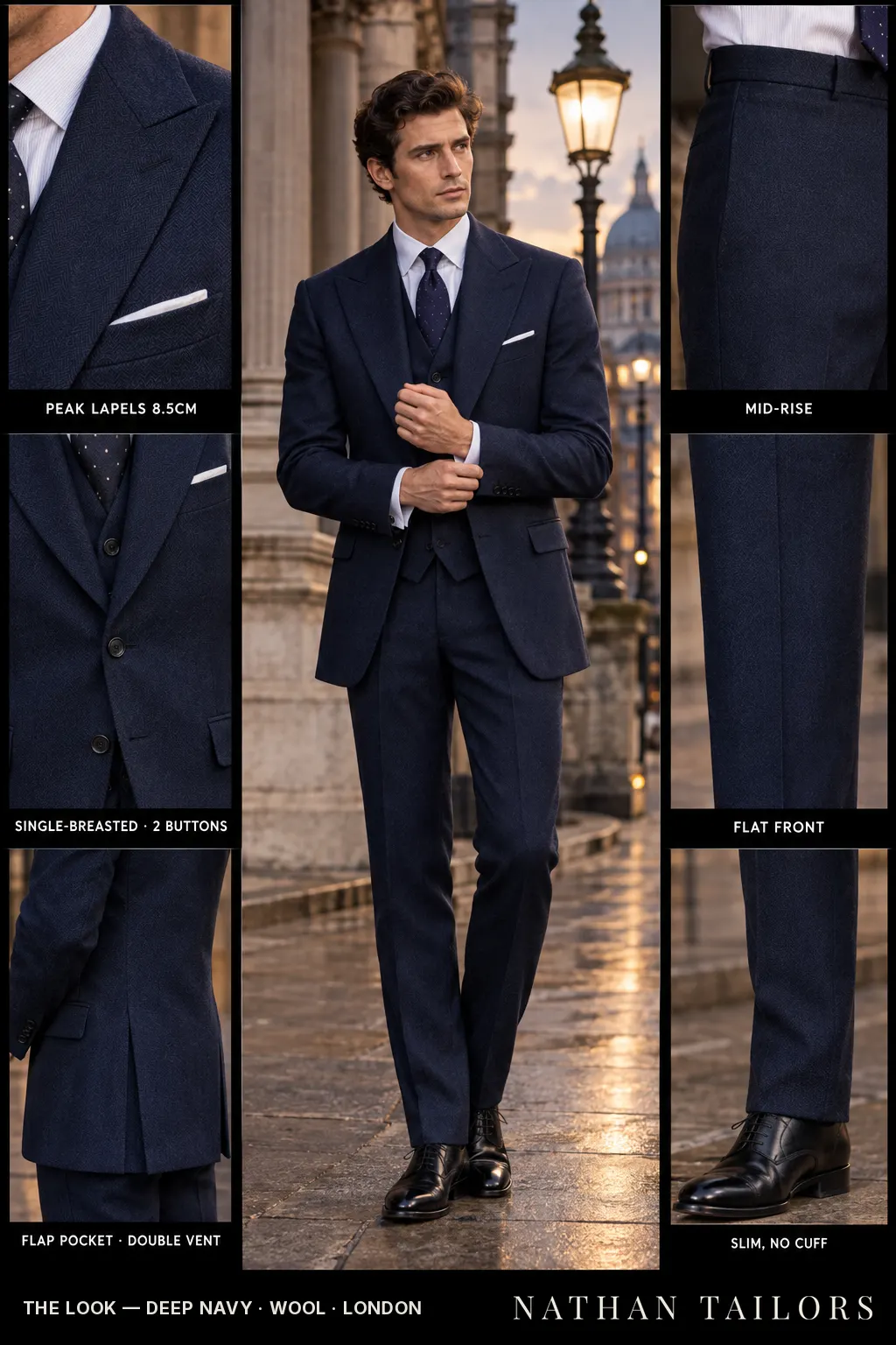 deep navy herringbone single-breasted bespoke suit โ custom tailored by Nathan Tailors, the Hoi An custom tailor