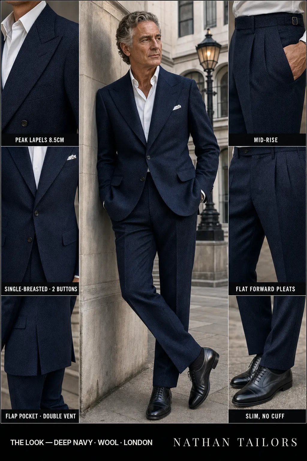 deep navy herringbone single-breasted peak-lapel bespoke suit — AI-rendered by Nathan Tailors, the Hoi An custom tailor. Available as a custom tailored suit from $149.