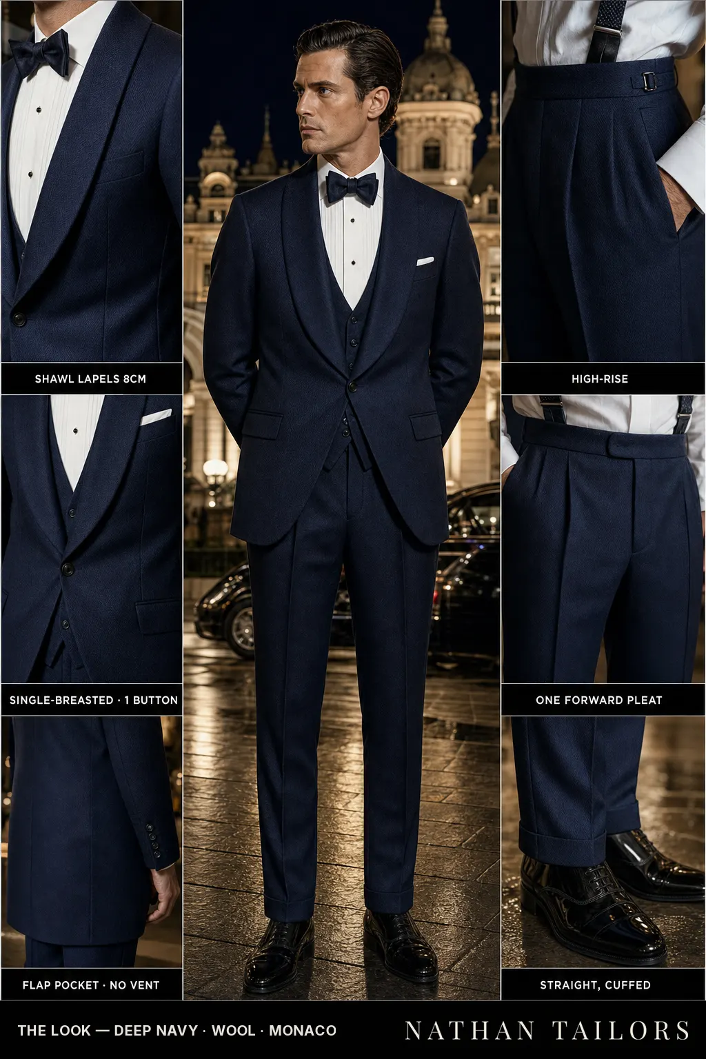 deep navy herringbone single-breasted shawl-lapel bespoke suit — AI-rendered by Nathan Tailors, the Hoi An custom tailor. Available as a custom tailored suit from $149.