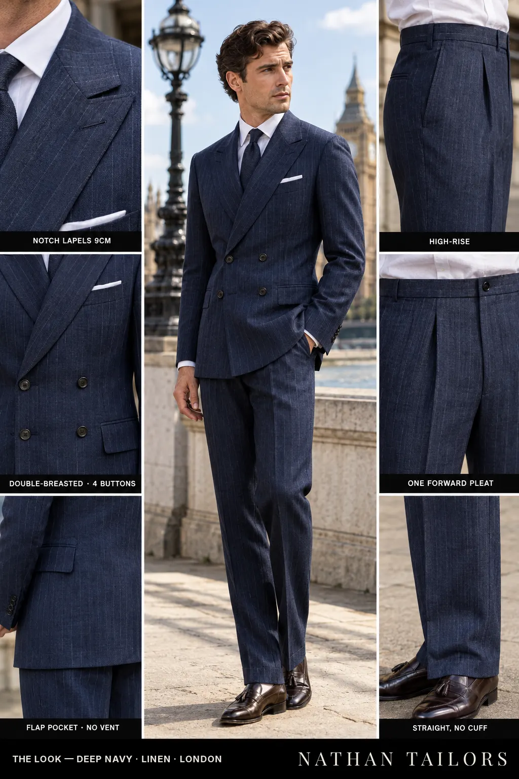 deep navy pinstripe double-breasted bespoke suit — custom tailored by Nathan Tailors, the Hoi An custom tailor