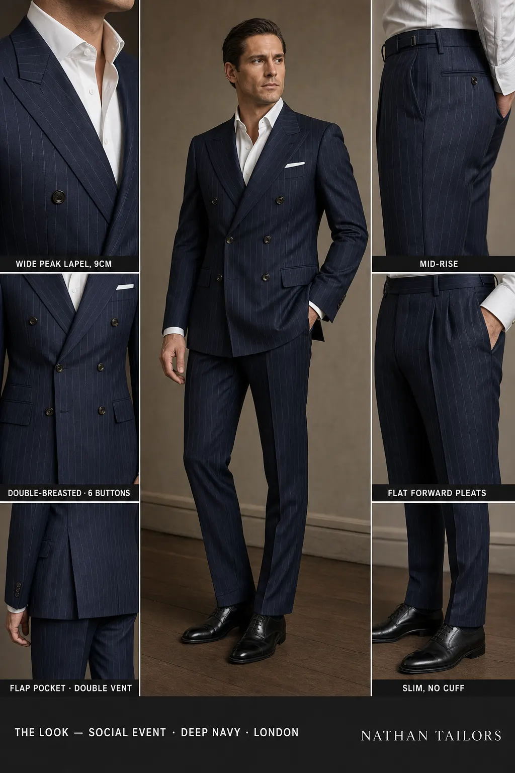 deep navy pinstripe double-breasted notch-lapel bespoke suit — AI-rendered by Nathan Tailors, the Hoi An custom tailor. Available as a custom tailored suit from $149.