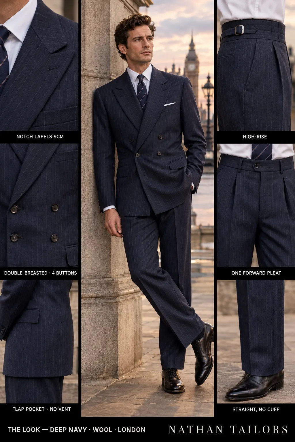 deep navy pinstripe double-breasted bespoke suit — custom tailored by Nathan Tailors, the Hoi An custom tailor