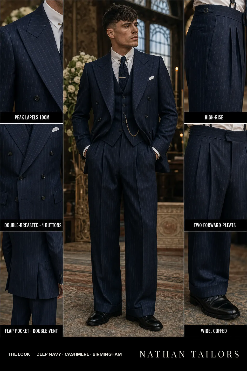 deep navy pinstripe double-breasted bespoke suit — custom tailored by Nathan Tailors, the Hoi An custom tailor