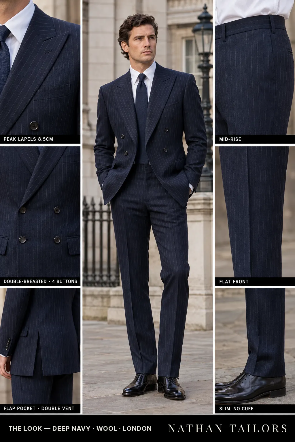 deep navy pinstripe double-breasted peak-lapel bespoke suit — AI-rendered by Nathan Tailors, the Hoi An custom tailor. Available as a custom tailored suit from $149.