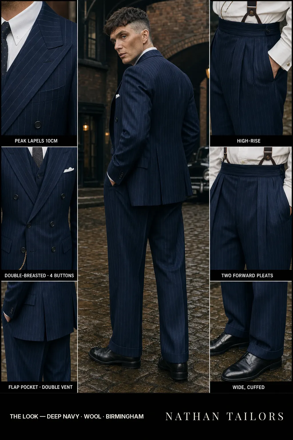 deep navy pinstripe double-breasted bespoke suit — custom tailored by Nathan Tailors, the Hoi An custom tailor