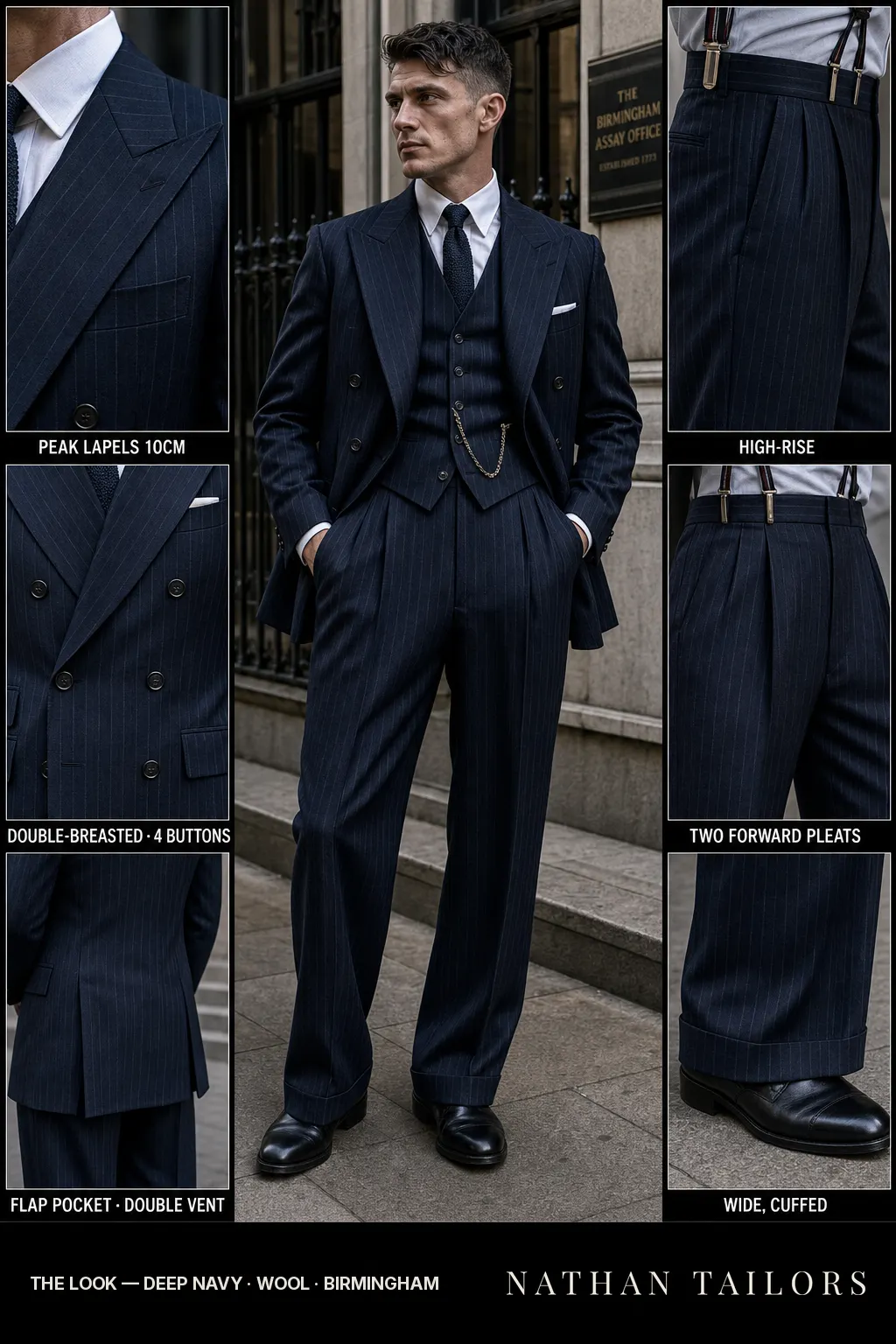 deep navy pinstripe double-breasted bespoke suit — custom tailored by Nathan Tailors, the Hoi An custom tailor