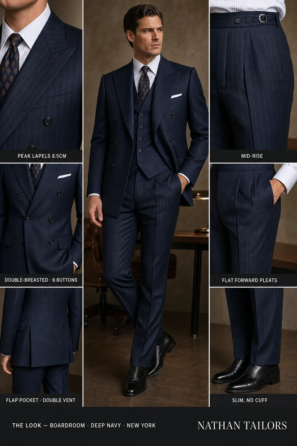 deep navy pinstripe double-breasted peak-lapel bespoke suit โ AI-rendered by Nathan Tailors, the Hoi An custom tailor. Available as a custom tailored suit from $149.