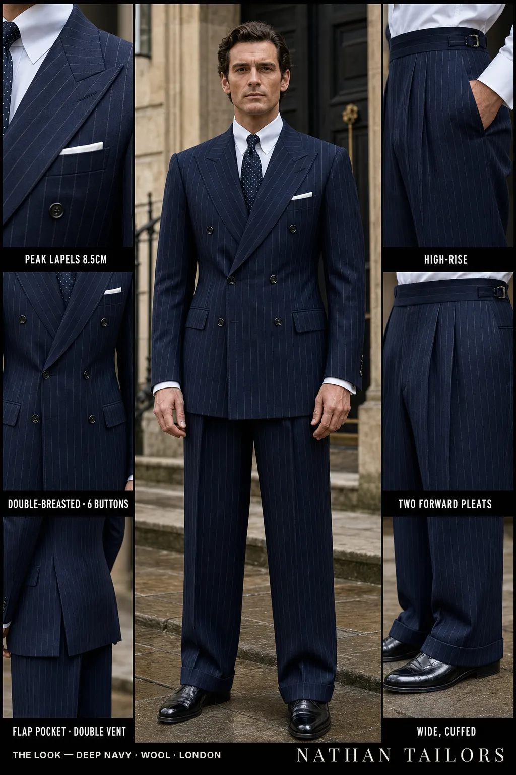 deep navy pinstripe double-breasted peak-lapel bespoke suit — AI-rendered by Nathan Tailors, the Hoi An custom tailor. Available as a custom tailored suit from $149.