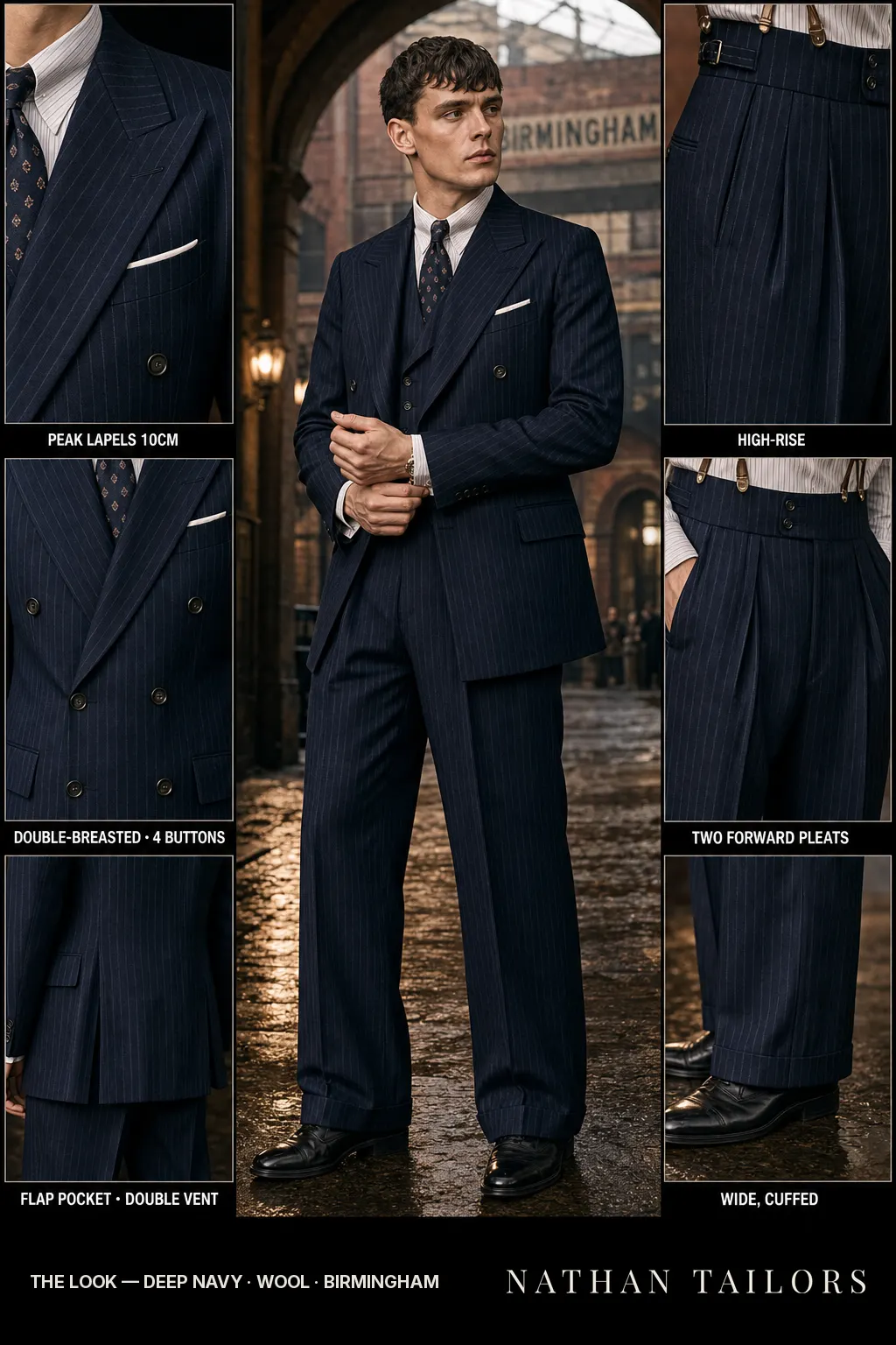 deep navy pinstripe double-breasted bespoke suit — custom tailored by Nathan Tailors, the Hoi An custom tailor