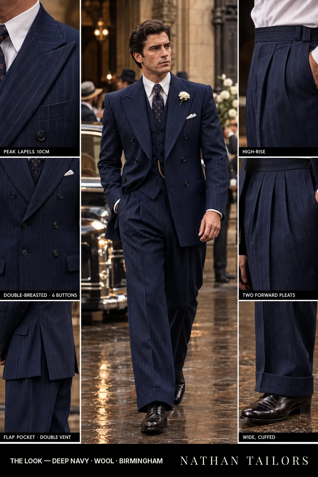 deep navy pinstripe double-breasted bespoke suit โ custom tailored by Nathan Tailors, the Hoi An custom tailor