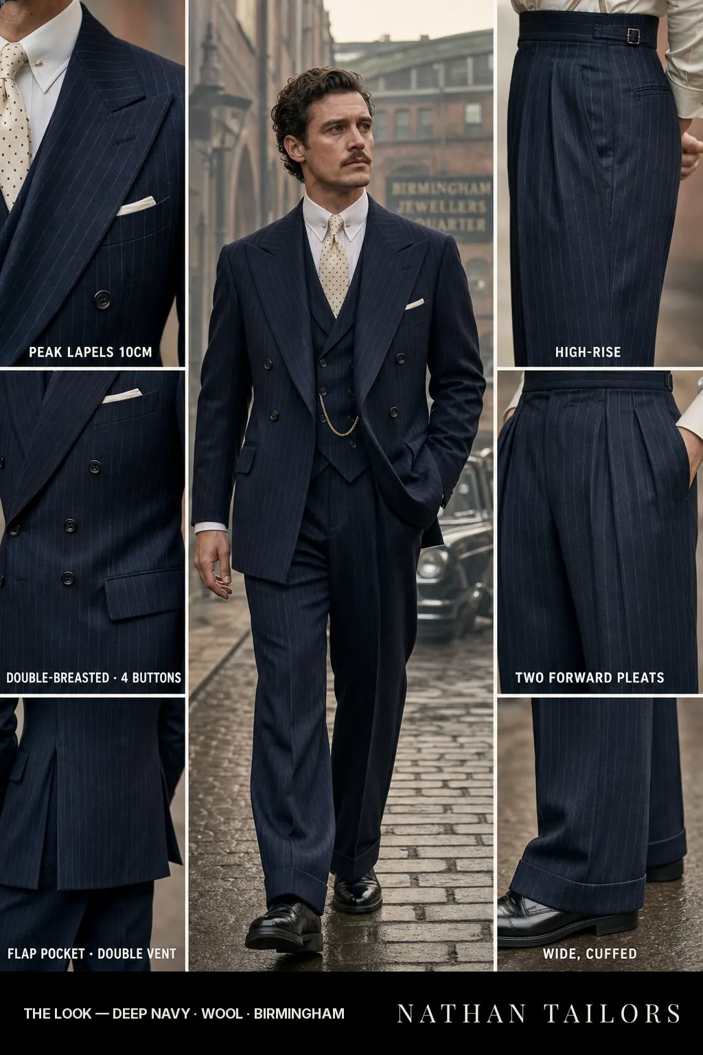deep navy pinstripe double-breasted bespoke suit — custom tailored by Nathan Tailors, the Hoi An custom tailor