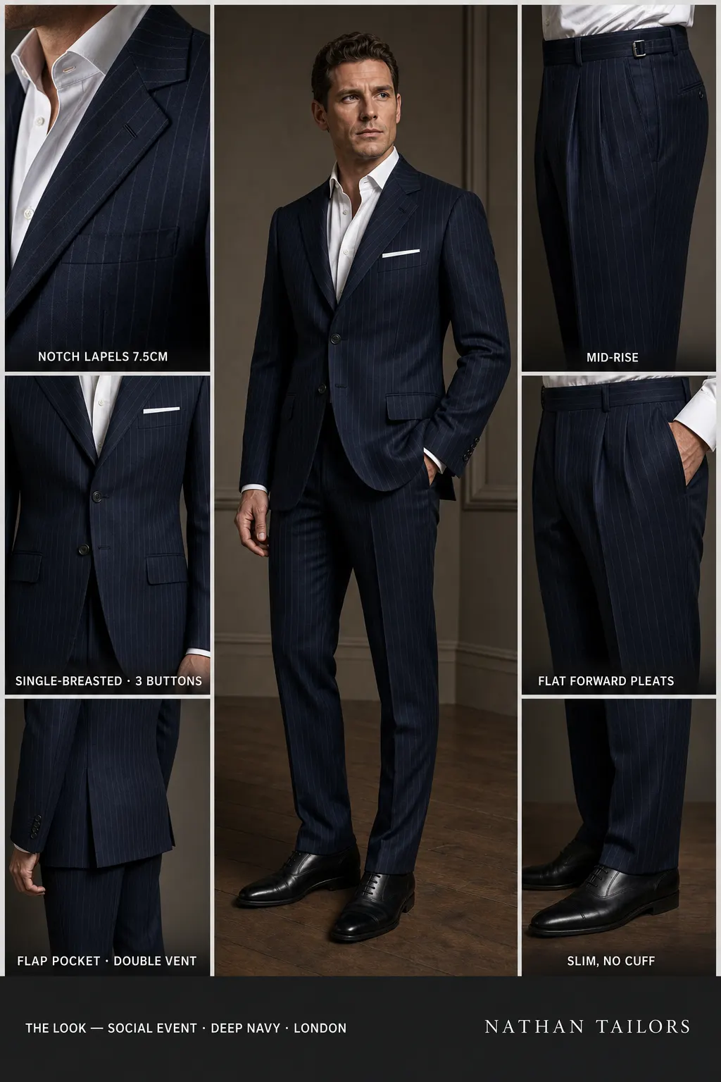 deep navy pinstripe single-breasted notch-lapel bespoke suit โ AI-rendered by Nathan Tailors, the Hoi An custom tailor. Available as a custom tailored suit from $149.