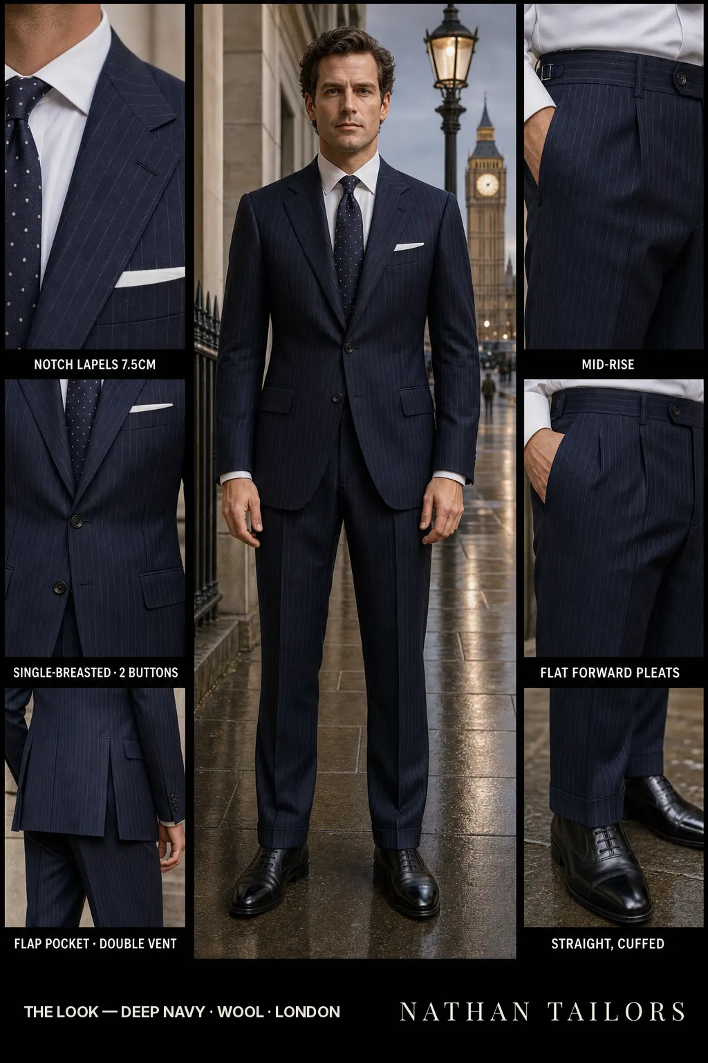 deep navy pinstripe single-breasted notch-lapel bespoke suit — AI-rendered by Nathan Tailors, the Hoi An custom tailor. Available as a custom tailored suit from $149.