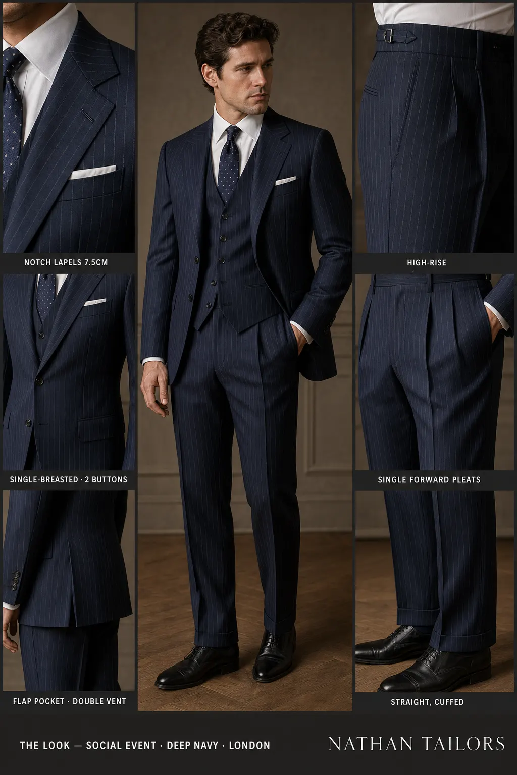 deep navy pinstripe single-breasted notch-lapel bespoke suit — AI-rendered by Nathan Tailors, the Hoi An custom tailor. Available as a custom tailored suit from $149.