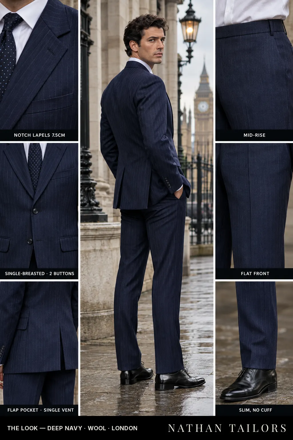 deep navy pinstripe single-breasted bespoke suit โ custom tailored by Nathan Tailors, the Hoi An custom tailor