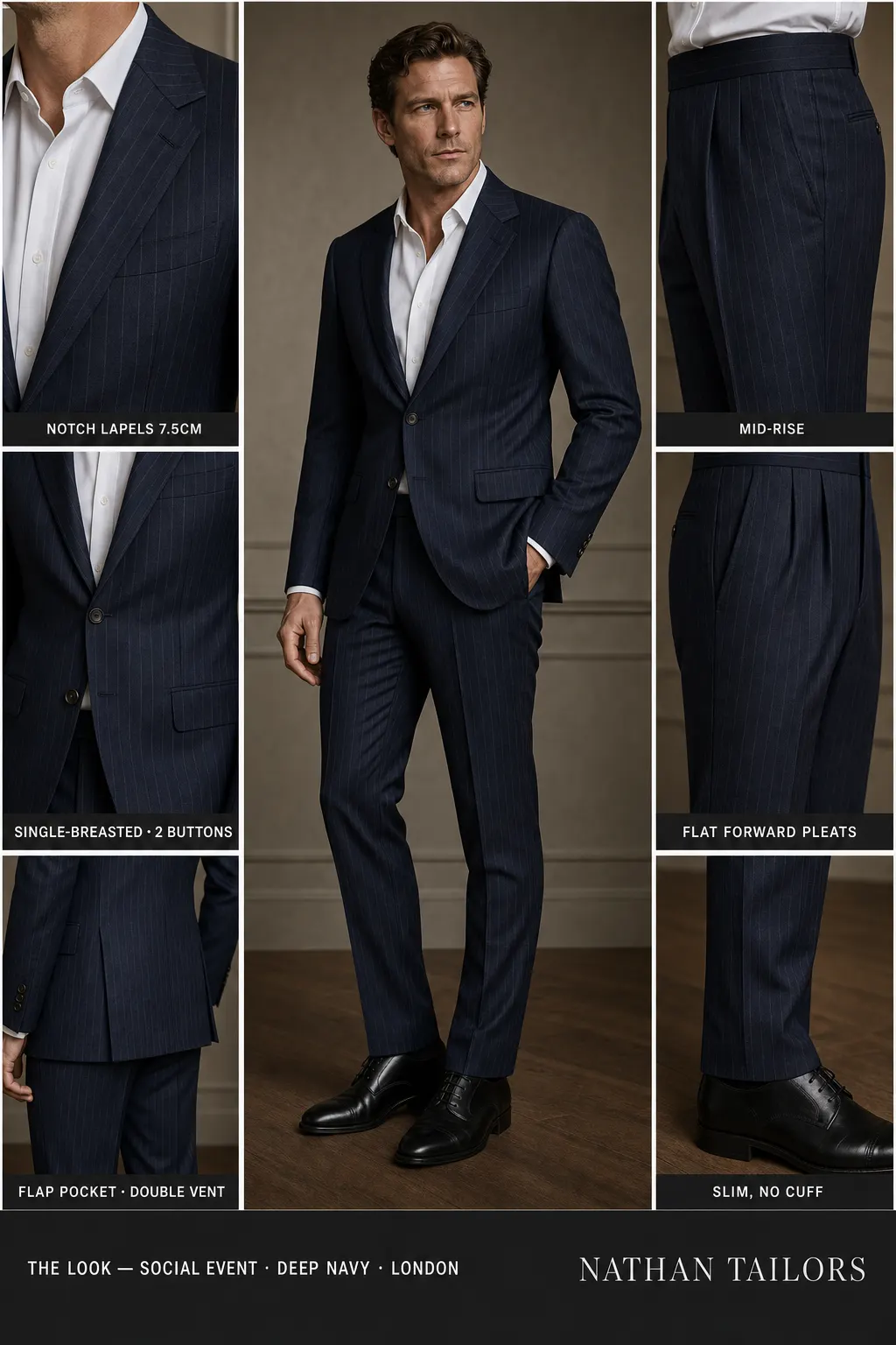 deep navy pinstripe single-breasted notch-lapel bespoke suit โ AI-rendered by Nathan Tailors, the Hoi An custom tailor. Available as a custom tailored suit from $149.
