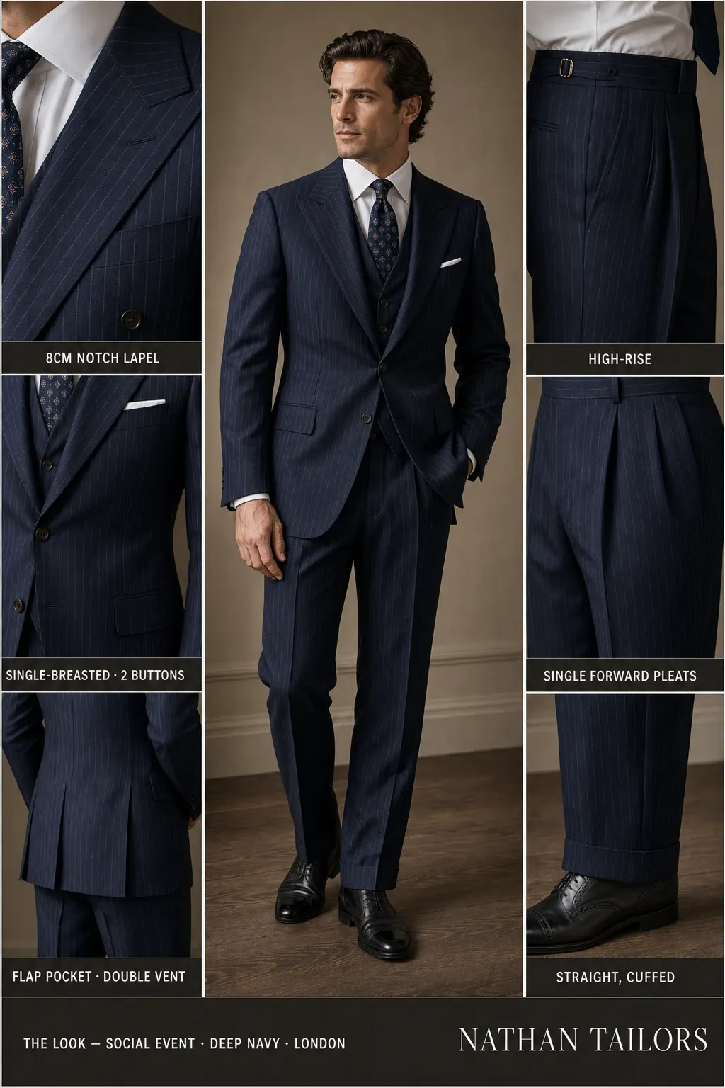 deep navy pinstripe single-breasted notch-lapel bespoke suit — AI-rendered by Nathan Tailors, the Hoi An custom tailor. Available as a custom tailored suit from $149.