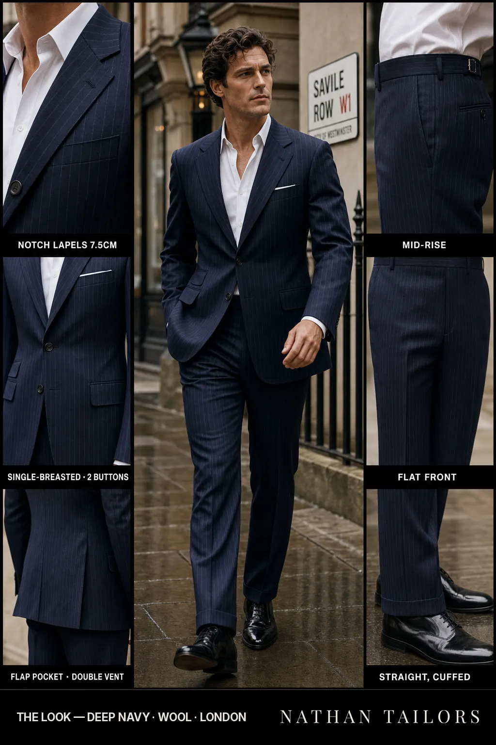 deep navy pinstripe single-breasted notch-lapel bespoke suit โ AI-rendered by Nathan Tailors, the Hoi An custom tailor. Available as a custom tailored suit from $149.