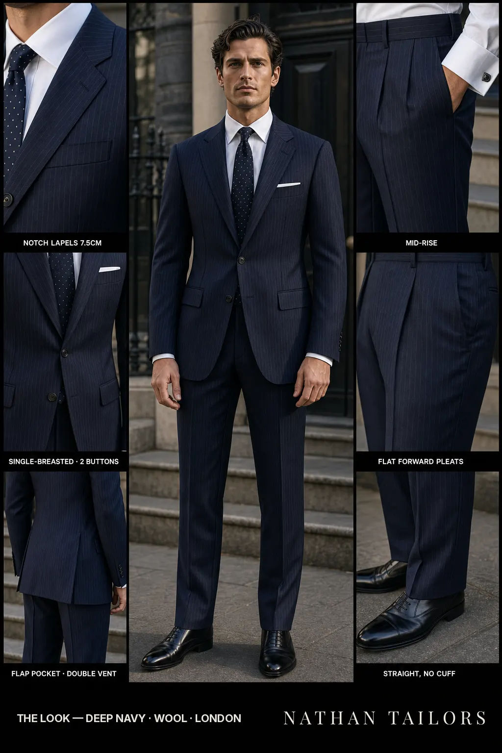 deep navy pinstripe single-breasted notch-lapel bespoke suit — AI-rendered by Nathan Tailors, the Hoi An custom tailor. Available as a custom tailored suit from $149.
