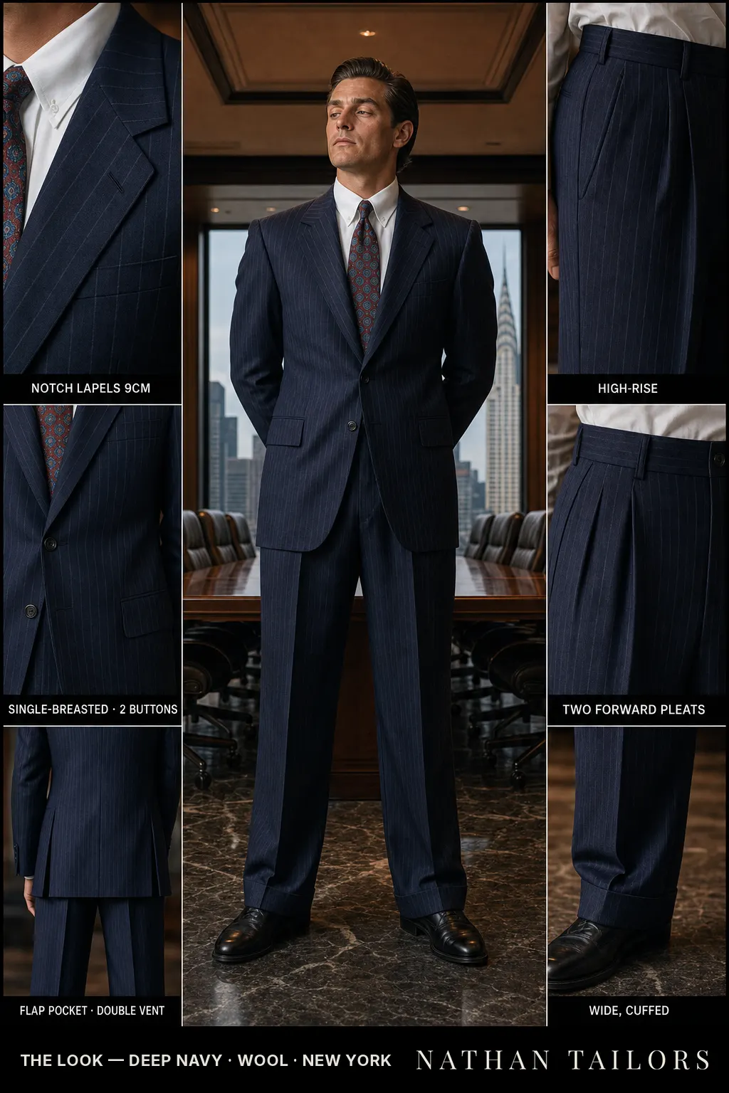 deep navy pinstripe single-breasted bespoke suit — custom tailored by Nathan Tailors, the Hoi An custom tailor