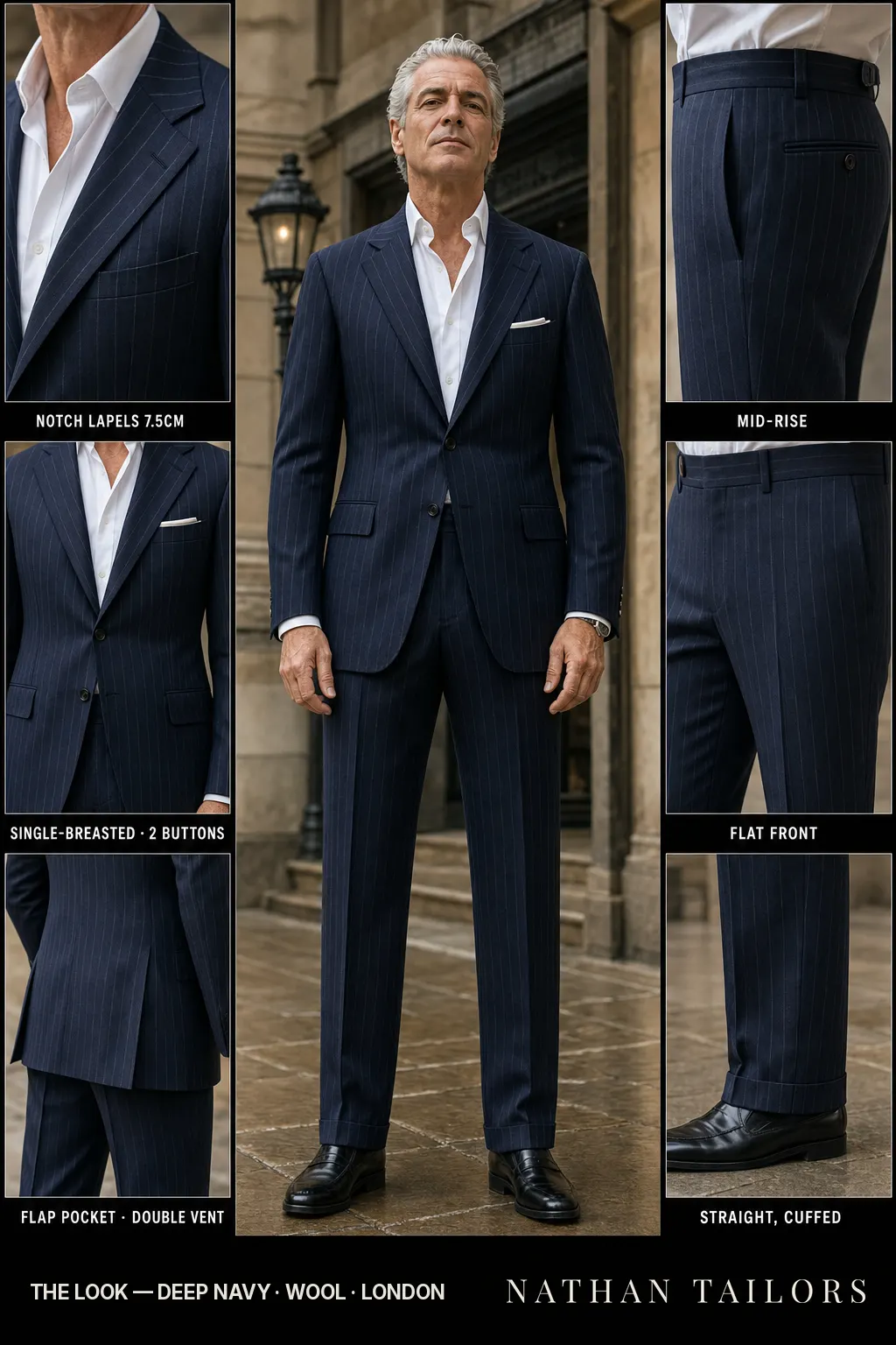 deep navy pinstripe single-breasted notch-lapel bespoke suit — AI-rendered by Nathan Tailors, the Hoi An custom tailor. Available as a custom tailored suit from $149.