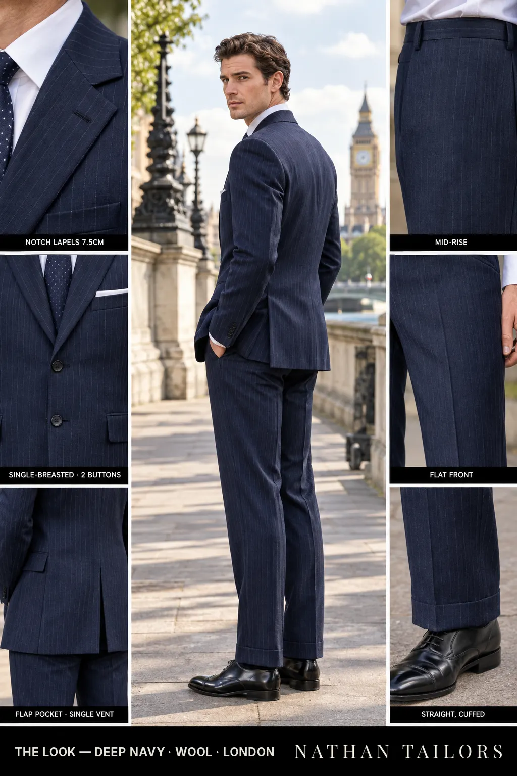 deep navy pinstripe single-breasted bespoke suit — custom tailored by Nathan Tailors, the Hoi An custom tailor