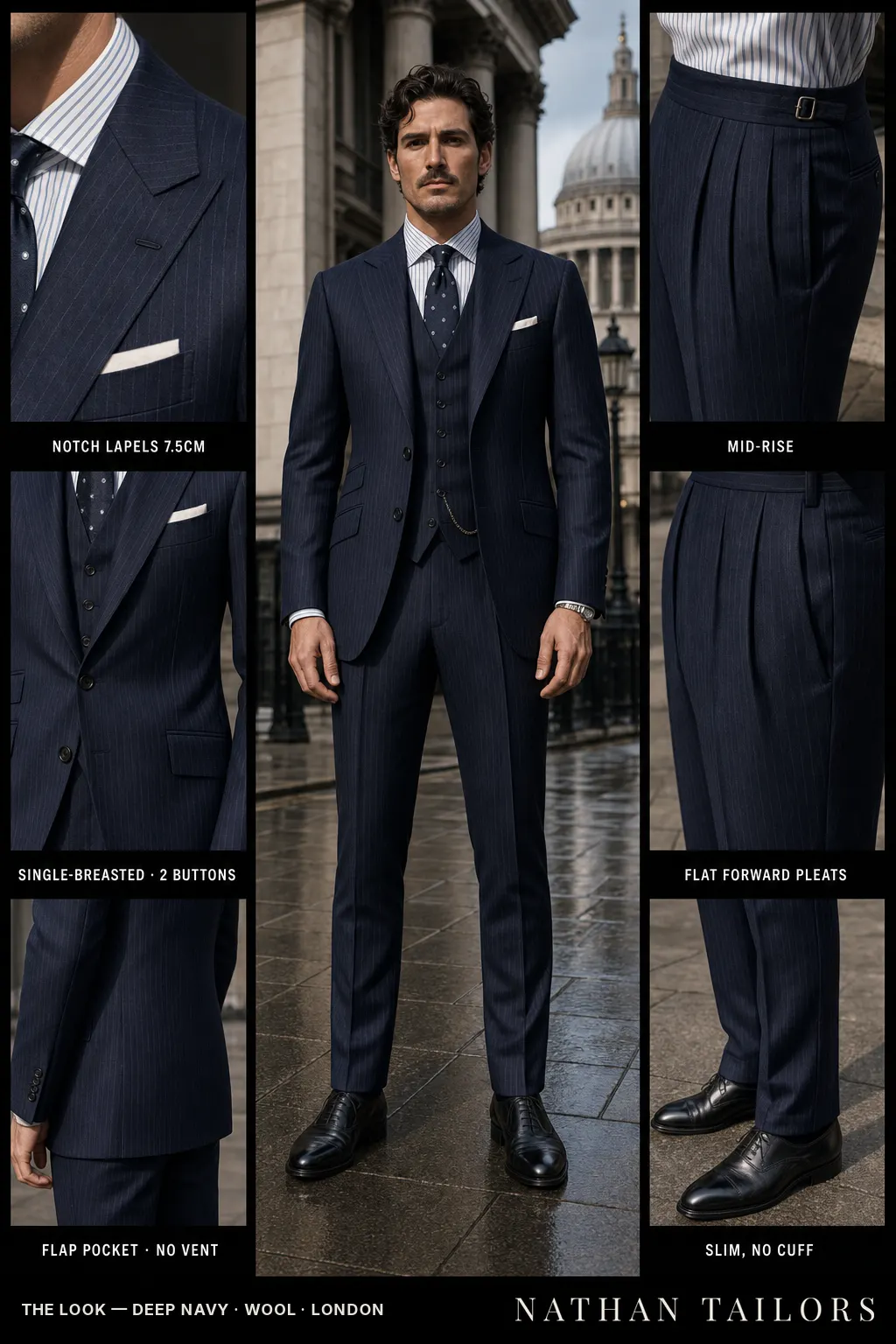deep navy pinstripe single-breasted notch-lapel bespoke suit โ AI-rendered by Nathan Tailors, the Hoi An custom tailor. Available as a custom tailored suit from $149.