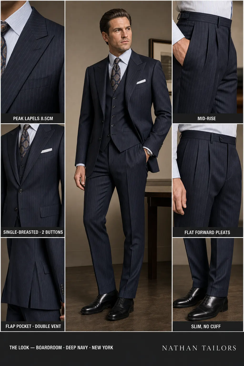 deep navy pinstripe single-breasted peak-lapel bespoke suit โ AI-rendered by Nathan Tailors, the Hoi An custom tailor. Available as a custom tailored suit from $149.
