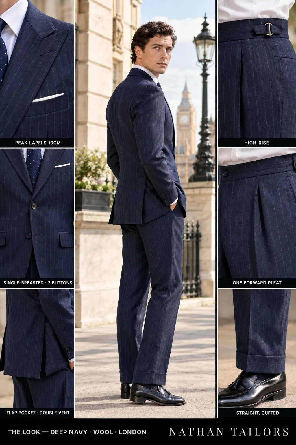 deep navy pinstripe single-breasted peak-lapel bespoke suit — AI-rendered by Nathan Tailors, the Hoi An custom tailor. Available as a custom tailored suit from $149.