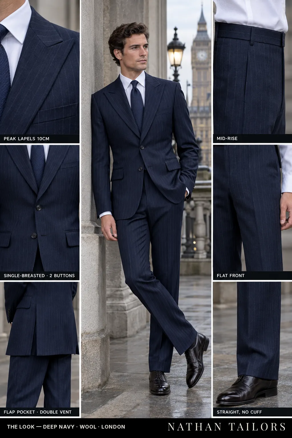 deep navy pinstripe single-breasted bespoke suit — custom tailored by Nathan Tailors, the Hoi An custom tailor