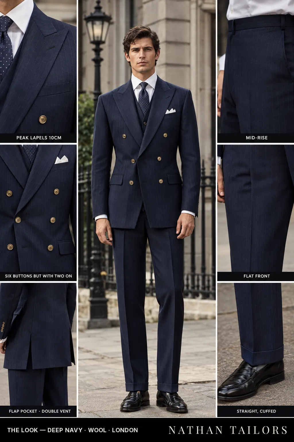deep navy pinstripe single-breasted bespoke suit โ custom tailored by Nathan Tailors, the Hoi An custom tailor