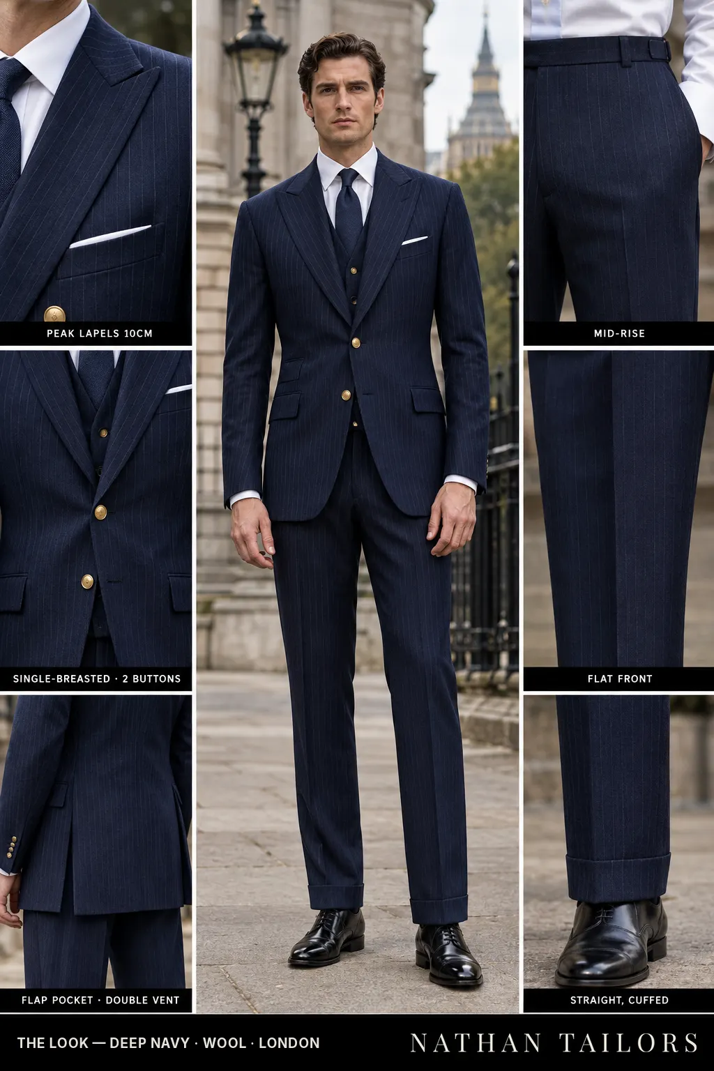 deep navy pinstripe single-breasted bespoke suit โ custom tailored by Nathan Tailors, the Hoi An custom tailor