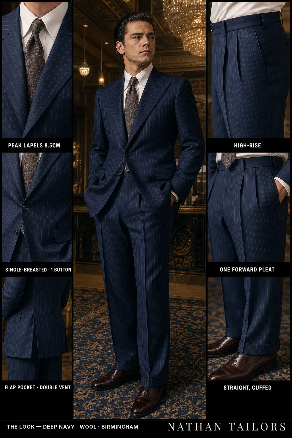 deep navy pinstripe single-breasted bespoke suit — custom tailored by Nathan Tailors, the Hoi An custom tailor