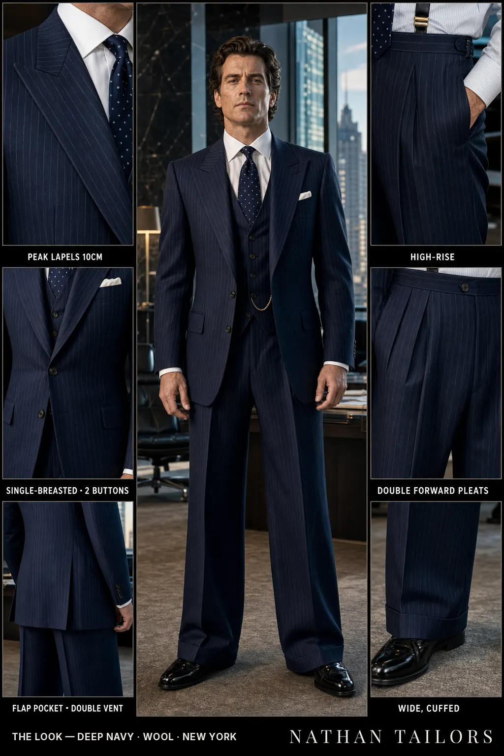 deep navy pinstripe single-breasted peak-lapel bespoke suit โ AI-rendered by Nathan Tailors, the Hoi An custom tailor. Available as a custom tailored suit from $149.